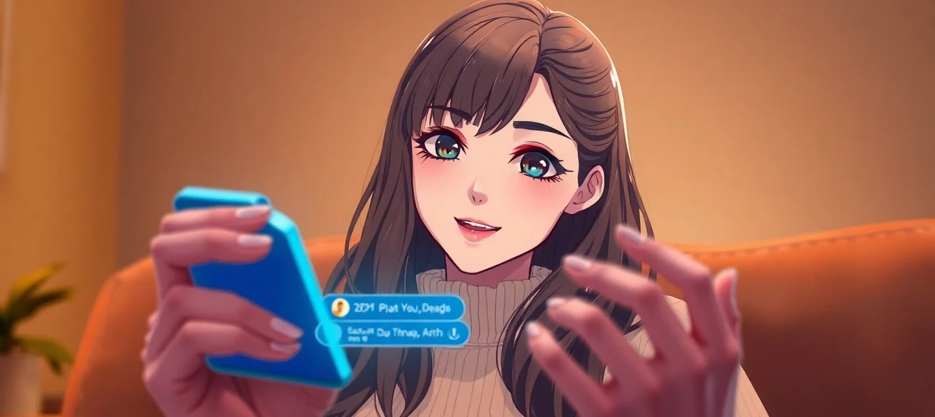 AI girlfriend engaging in a personalized chat on a smartphone with detailed facial expression and a warm digital background, emphasizing realistic interaction.