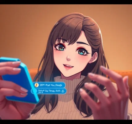 AI girlfriend engaging in a personalized chat on a smartphone with detailed facial expression and a warm digital background, emphasizing realistic interaction.