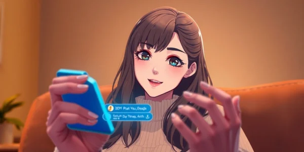 AI girlfriend engaging in a personalized chat on a smartphone with detailed facial expression and a warm digital background, emphasizing realistic interaction.