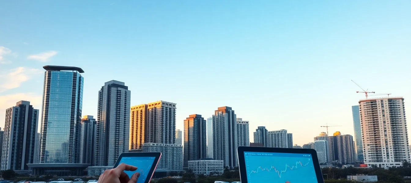 Real Estate Investment News Urban skyline with investors reviewing market charts for growth