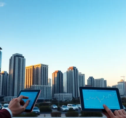 Real Estate Investment News Urban skyline with investors reviewing market charts for growth