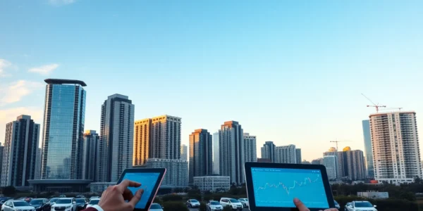 Real Estate Investment News Urban skyline with investors reviewing market charts for growth