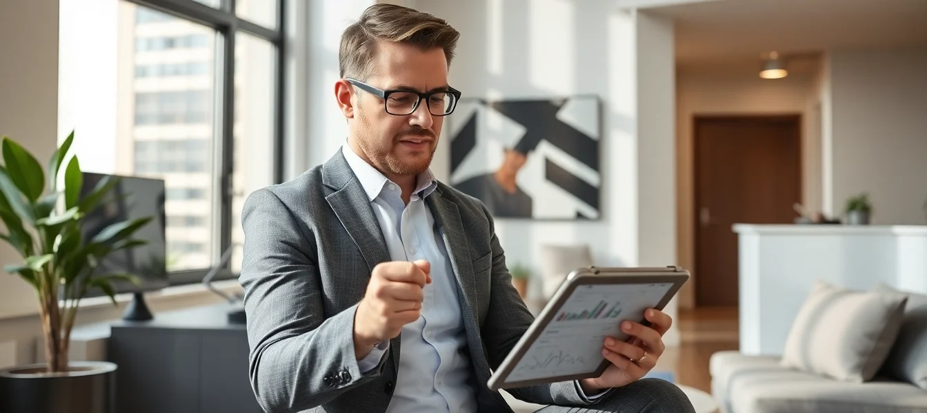 Landlord Updates UK Professional landlord analyzing property market trends on tablet for