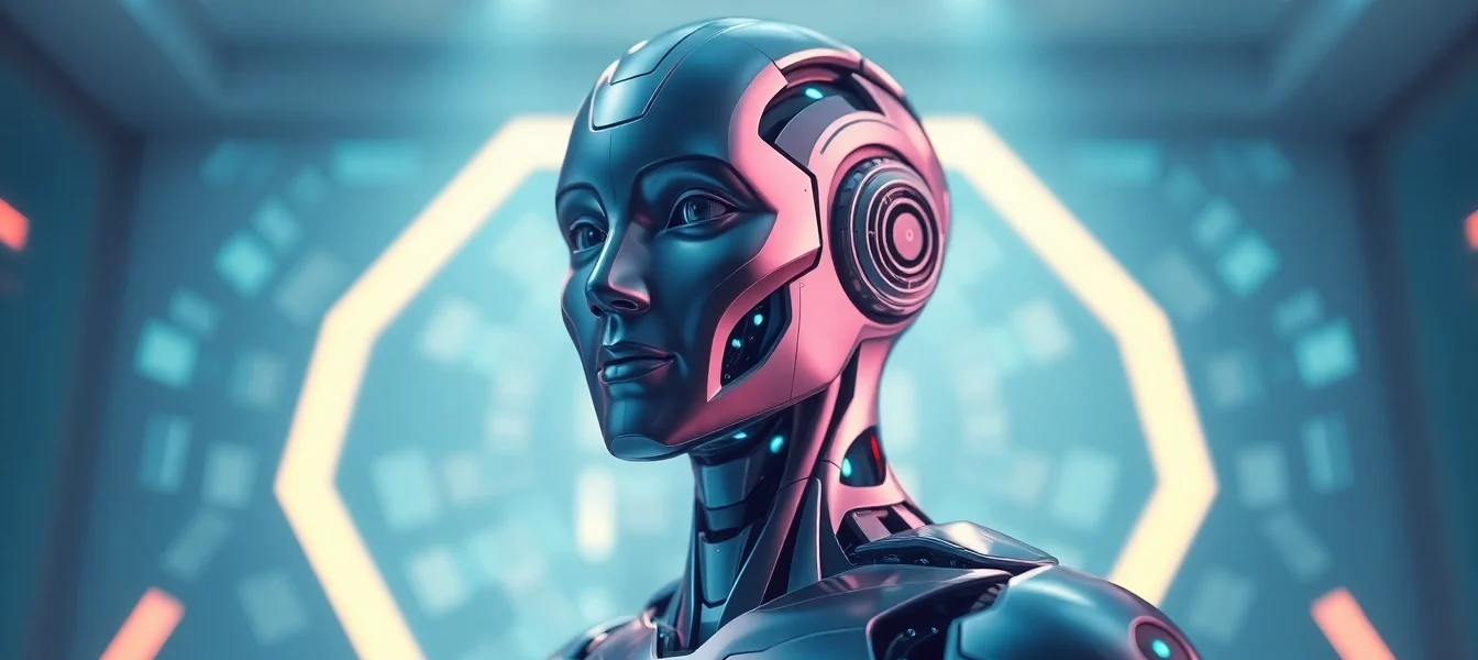 高科技未來感的3D AI人形公仔，展現尖端智慧與數位美學，背景模糊科技感電路板圖案。