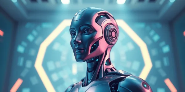 高科技未來感的3D AI人形公仔，展現尖端智慧與數位美學，背景模糊科技感電路板圖案。