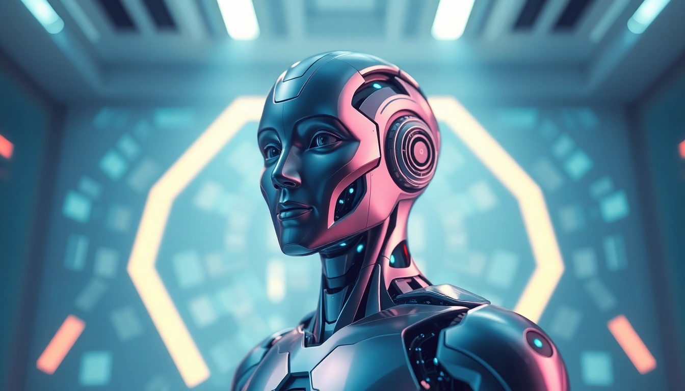 高科技未來感的3D AI人形公仔，展現尖端智慧與數位美學，背景模糊科技感電路板圖案。