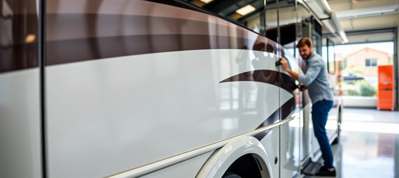 Professional technician applying Wohnmobil Politursiegelung to a shiny motorhome with
