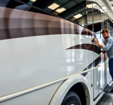 Professional technician applying Wohnmobil Politursiegelung to a shiny motorhome with