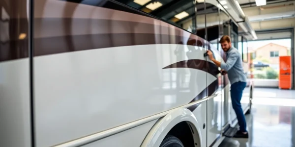 Professional technician applying Wohnmobil Politursiegelung to a shiny motorhome with