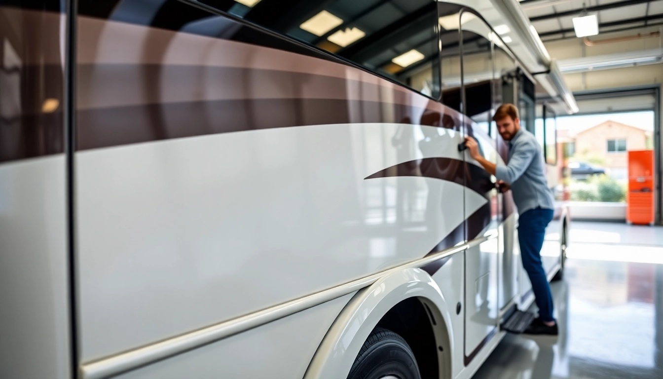 Professional technician applying Wohnmobil Politursiegelung to a shiny motorhome with