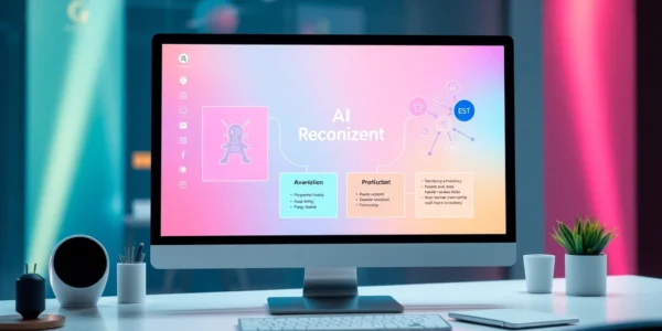Modern workspace showing AI content humanization process with digital tools and vibrant design,