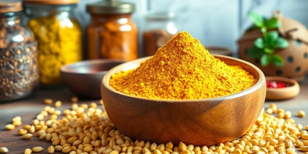 High-quality fenugreek powder displayed in a rustic bowl with fresh fenugreek seeds in natural